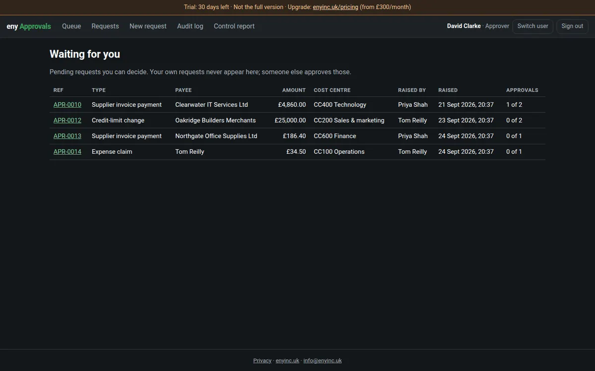eny Approvals with its demo data loaded