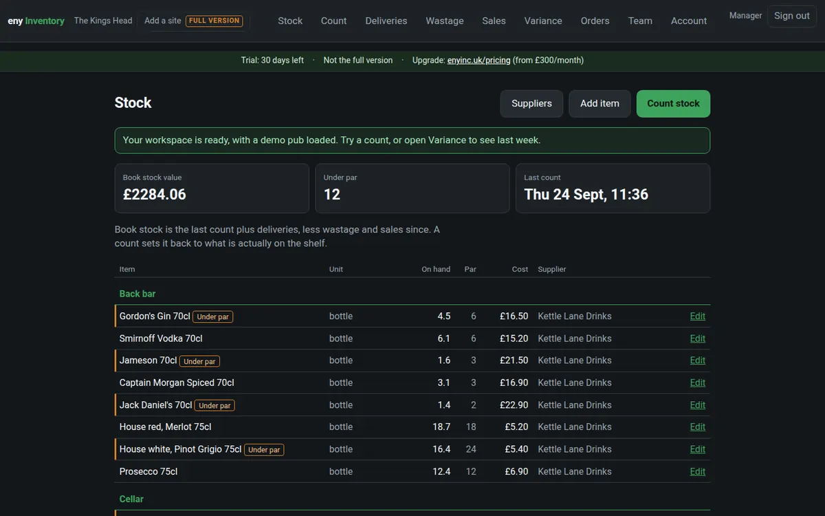 eny Inventory with its demo data loaded