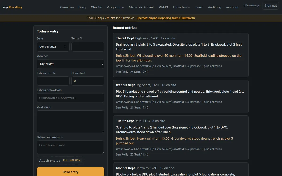 eny Site Diary with its demo data loaded